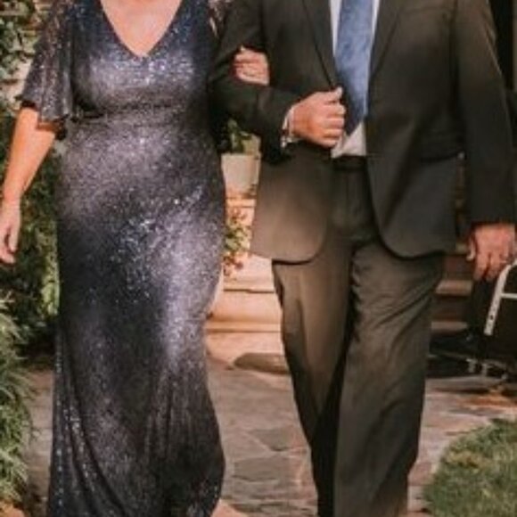 Elegant Navy Blue Lace And Sequin Gown - Picture 6 of 6